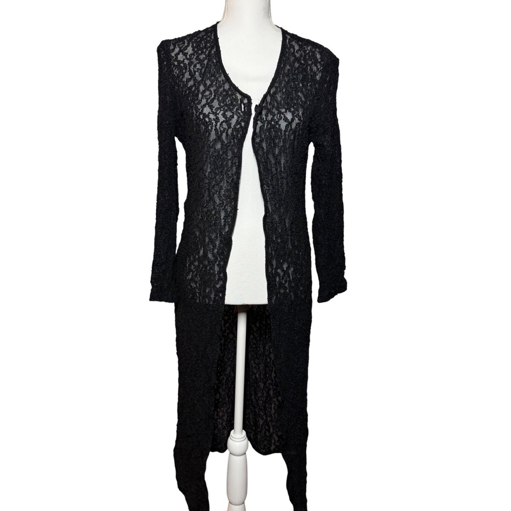 Carmel for CBH Duster Cardigan S Black Lace Longline Open Front Sheer Excellent